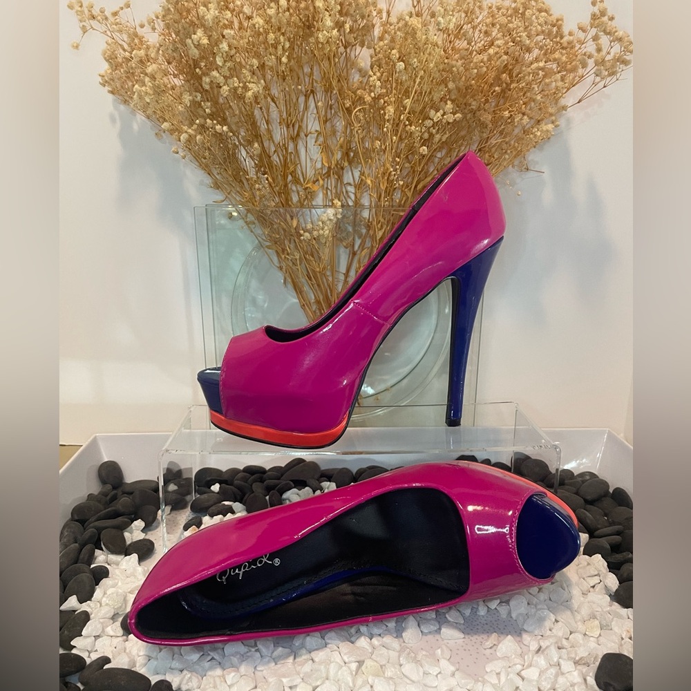 Qupid Pink Multi Peep Toe Heels